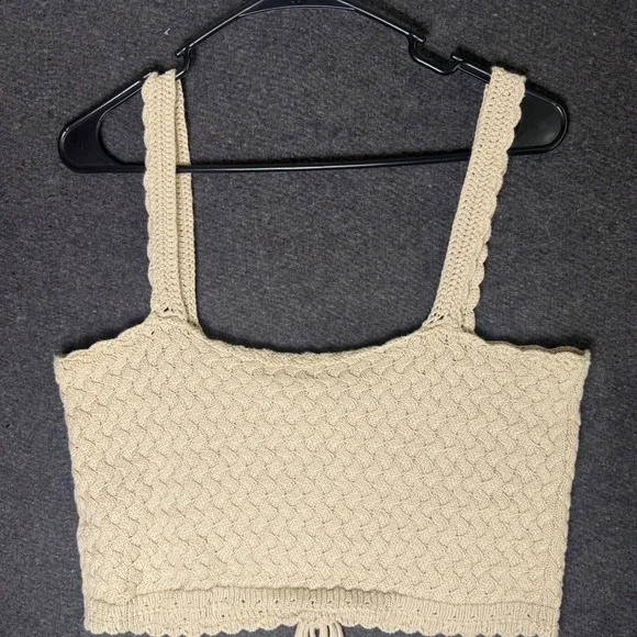 Womens Beige Tan Crochet Knit Crop top chunky preppy boho western sweetheart - Picture 2 of 6